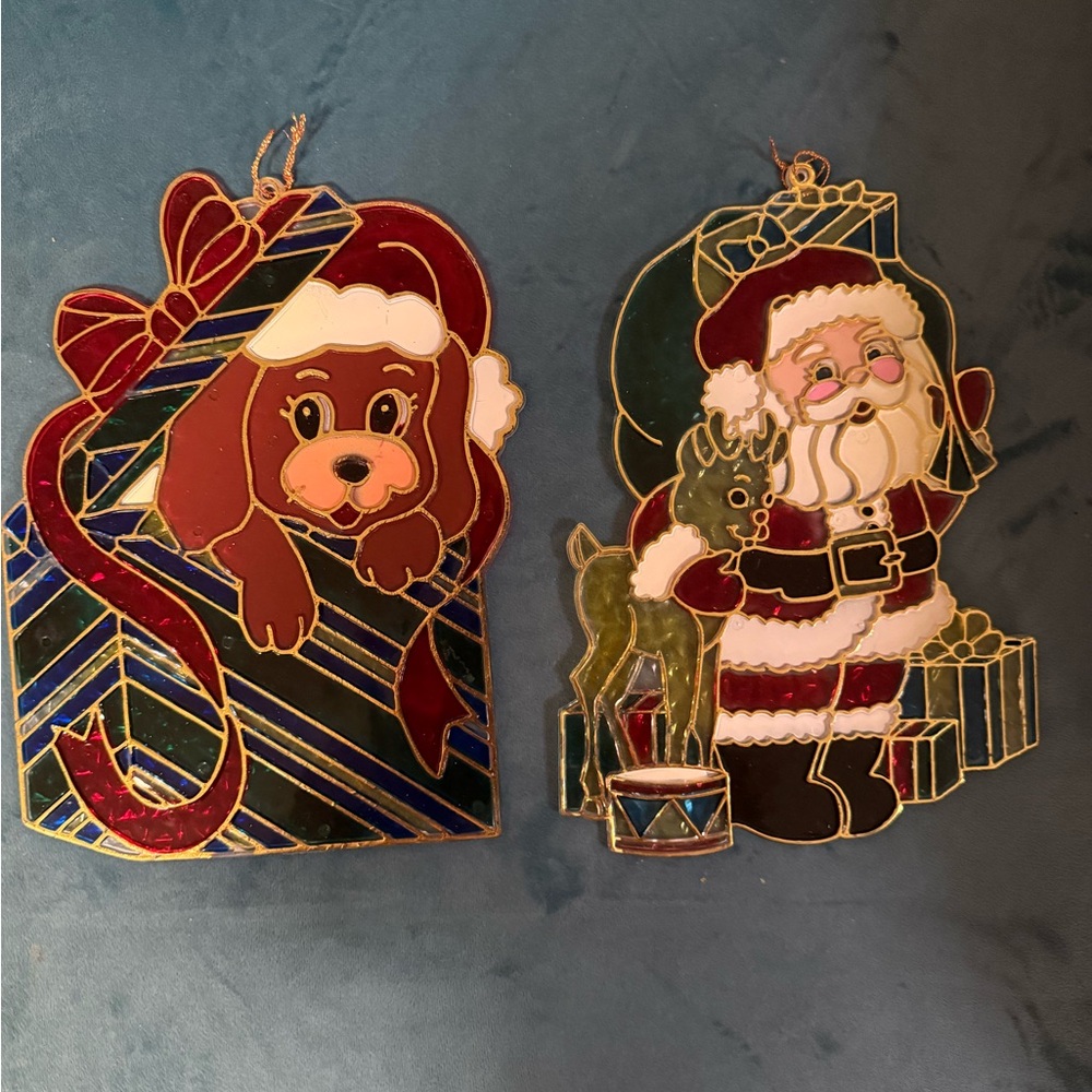Vintage 80s Christmas Plastic Stained Glass Suncatchers (2) Window Hanging Decor